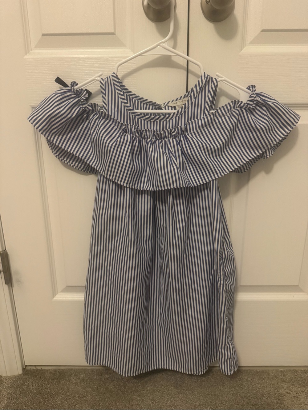 Habitual Blue and White Striped Off-Shoulder Ruffle Dress